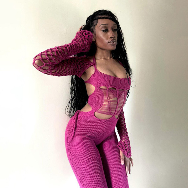 Open back low neck mesh jacquard high waisted long pants with tight fitting jumpsuit