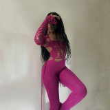 Open back low neck mesh jacquard high waisted long pants with tight fitting jumpsuit
