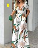 Printed V-neck waistband long skirt short sleeved dress