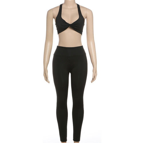 Open navel sports vest, high waist and buttocks yoga pants set