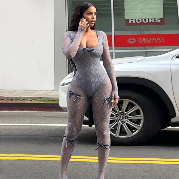 Perspective hollow high waisted jacquard tight fitting long sleeved lace jumpsuit