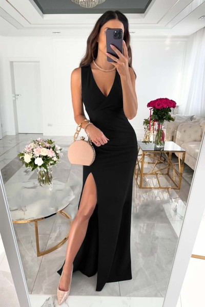 Sexy slim fit V-neck sleeveless slit dress