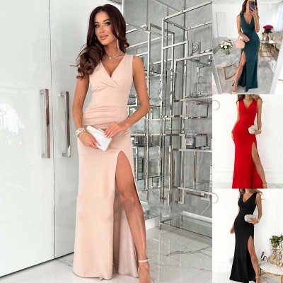 Sexy slim fit V-neck sleeveless slit dress