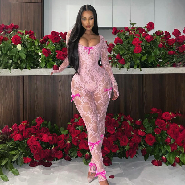 Perspective hollow high waisted jacquard tight fitting long sleeved lace jumpsuit
