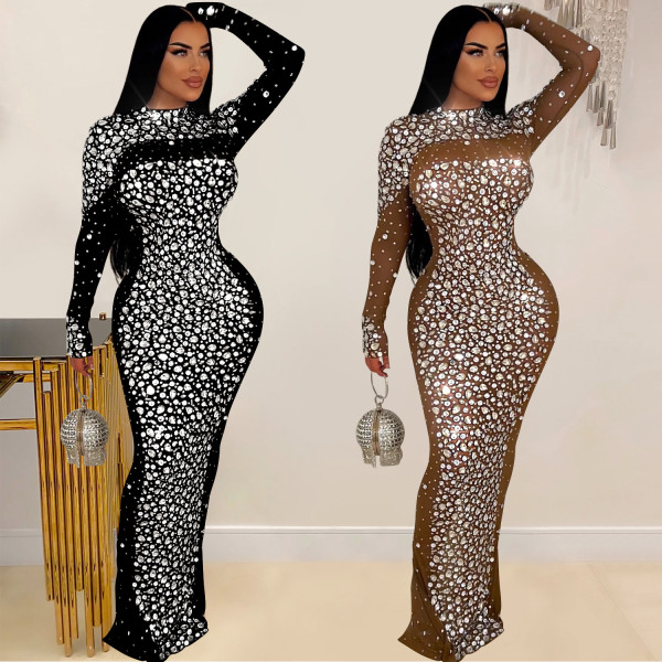 Women's solid color mesh hot diamond long sleeved dress