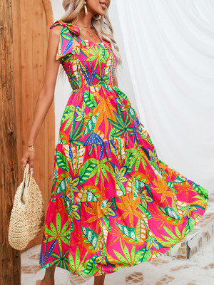 Jing Ye Printed Wrapped Chest Tie up Dress