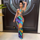 Sexy digital printed chest wrapped women's two-piece set