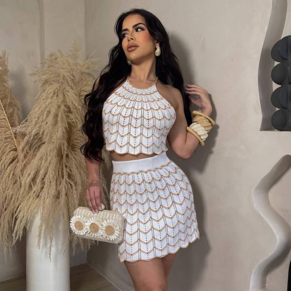 Women's knitted elastic sports casual skirt sweater short set