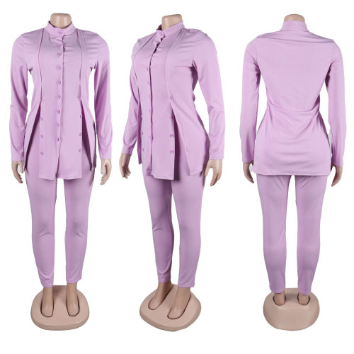 Slim fit standing neck split button long sleeved leggings set