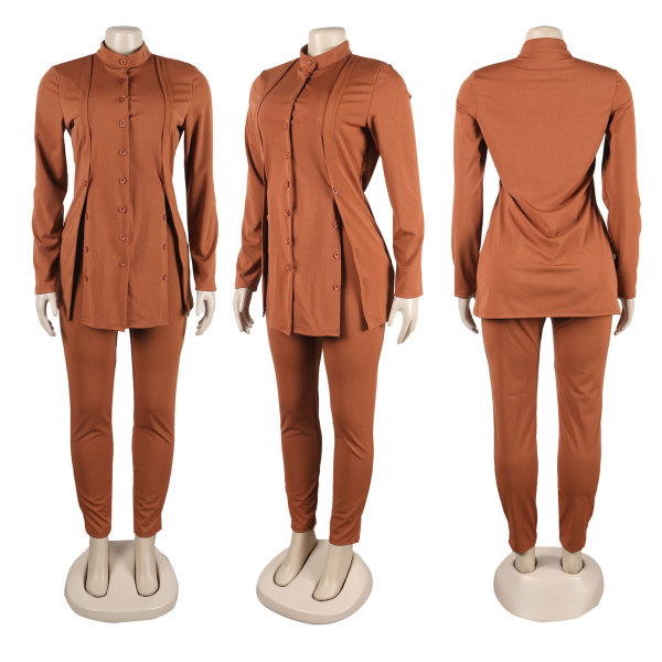 Slim fit standing neck split button long sleeved leggings set