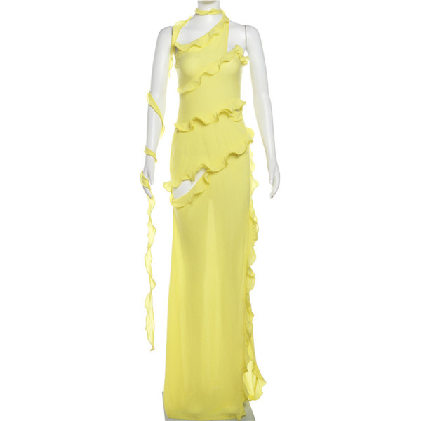 Diagonal shoulder lace ribbon sexy split solid color dress