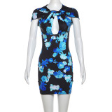 Printed fake two-piece hollow out sexy hip wrap dress