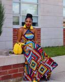 Printed neckline strapless open back large skirt hem dress