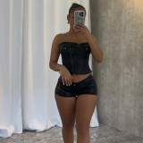 Zipper flap slim fit bra hot pants leather suit two-piece set