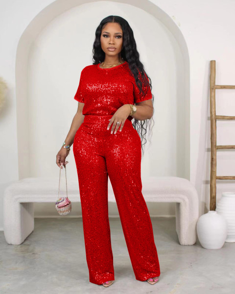 Two piece set of sequin solid color short sleeved long pants