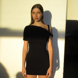 Diagonal shoulder short sleeved solid color buttocks wrapped dress short skirt
