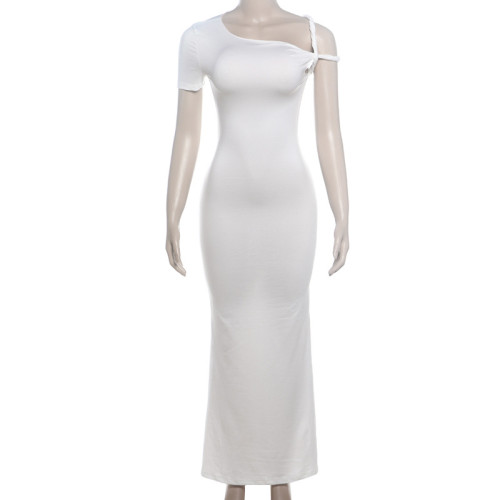 Diagonal shoulder short sleeved solid color buttocks wrapped long dress