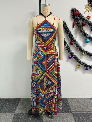 Printed neckline strapless open back large skirt hem dress