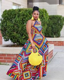 Printed neckline strapless open back large skirt hem dress