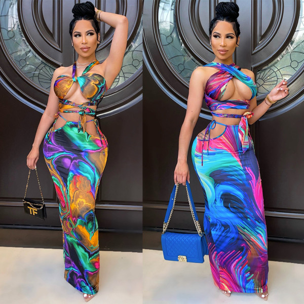 Sexy digital printed chest wrapped women's two-piece set