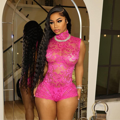 Sexy Lace Jacquard Perspective Tight Shorts jumpsuit