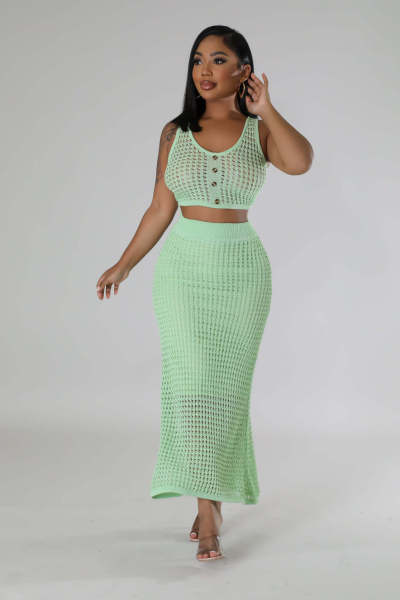 Women's fringe fishing net knitted casual two-piece set