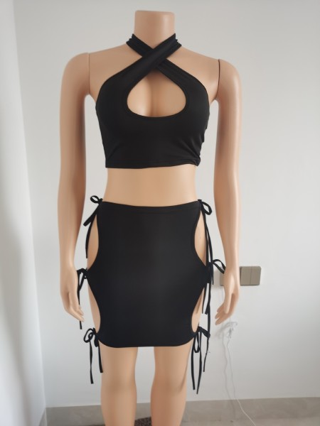 Women's sexy hollow neckband two-piece set
