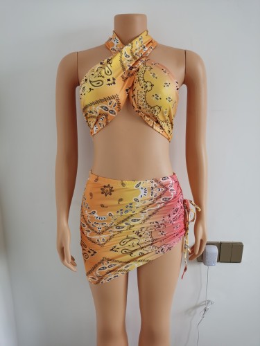 Women's sexy strap top mini printed short skirt 2-piece set