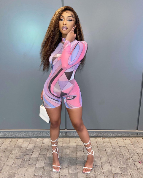 Women's zippered high neck printed short sleeved jumpsuit