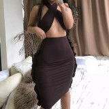 Women's wooden ear edge tight fitting high waisted pencil skirt with multiple wearing methods for bras