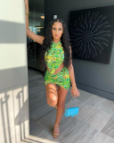 Abstract printed short skirt+strap vest 2-piece set