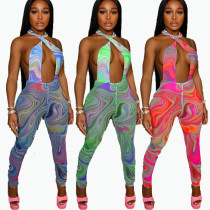 Large size women's mesh printed jumpsuit