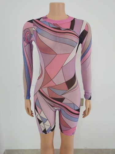 Women's zippered high neck printed short sleeved jumpsuit