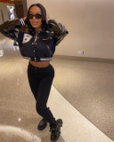 Letter embroidered leather sleeve patchwork standing neck baseball jacket