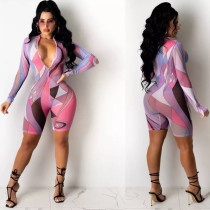 Women's zippered high neck printed short sleeved jumpsuit