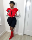 Letter embroidered leather sleeve patchwork standing neck baseball jacket