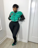 Letter embroidered leather sleeve patchwork standing neck baseball jacket