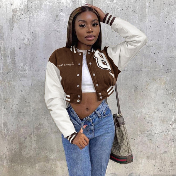 Letter embroidered leather sleeve patchwork standing neck baseball jacket