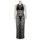 T-shaped pants hollow bare back hanging neck three piece set