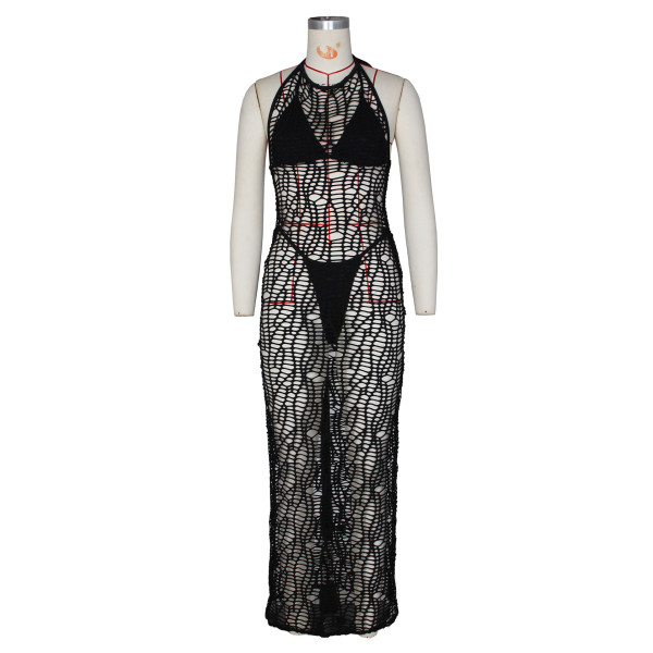 T-shaped pants hollow bare back hanging neck three piece set