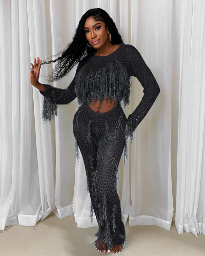 Handmade tassel knitted hollow split jumpsuit