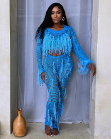 Handmade tassel knitted hollow split jumpsuit