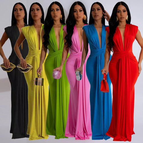 Solid color sleeveless sexy long dress