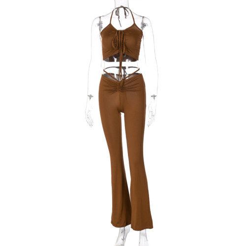 Lace up neck exposed navel top pleated micro flared pants set