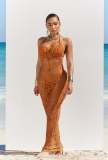 T-shaped pants hollow bare back hanging neck three piece set