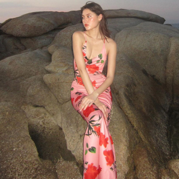 Printed sexy backless U-neck slim fit camisole dress