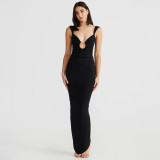 Feeling V-neck open back slit slim fit dress