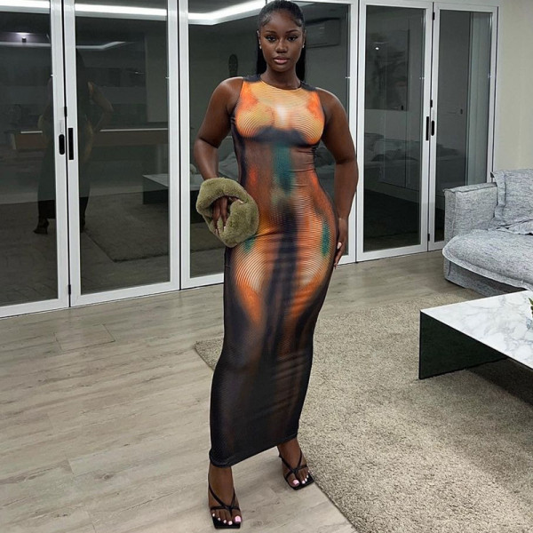 Printed slim fit round neck sleeveless dress