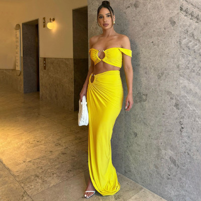 Suspended strapless, slim fitting, pleated, split half skirt set