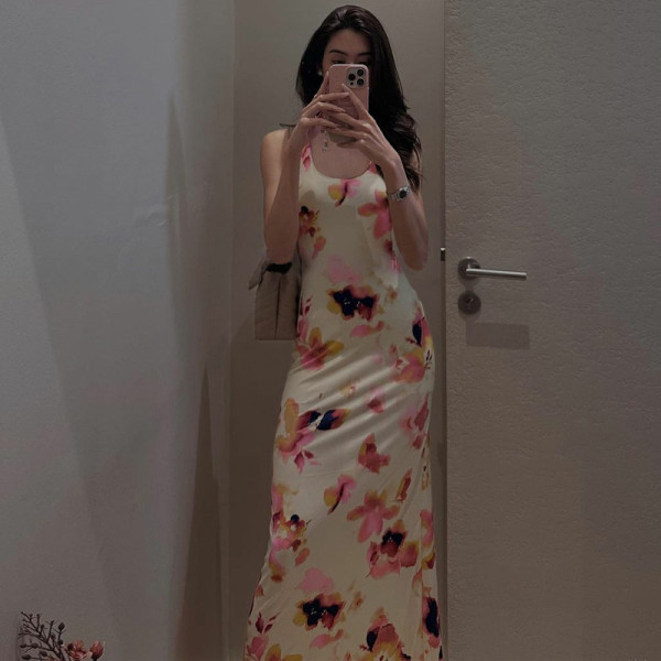 Printed sexy backless U-neck slim fit camisole dress